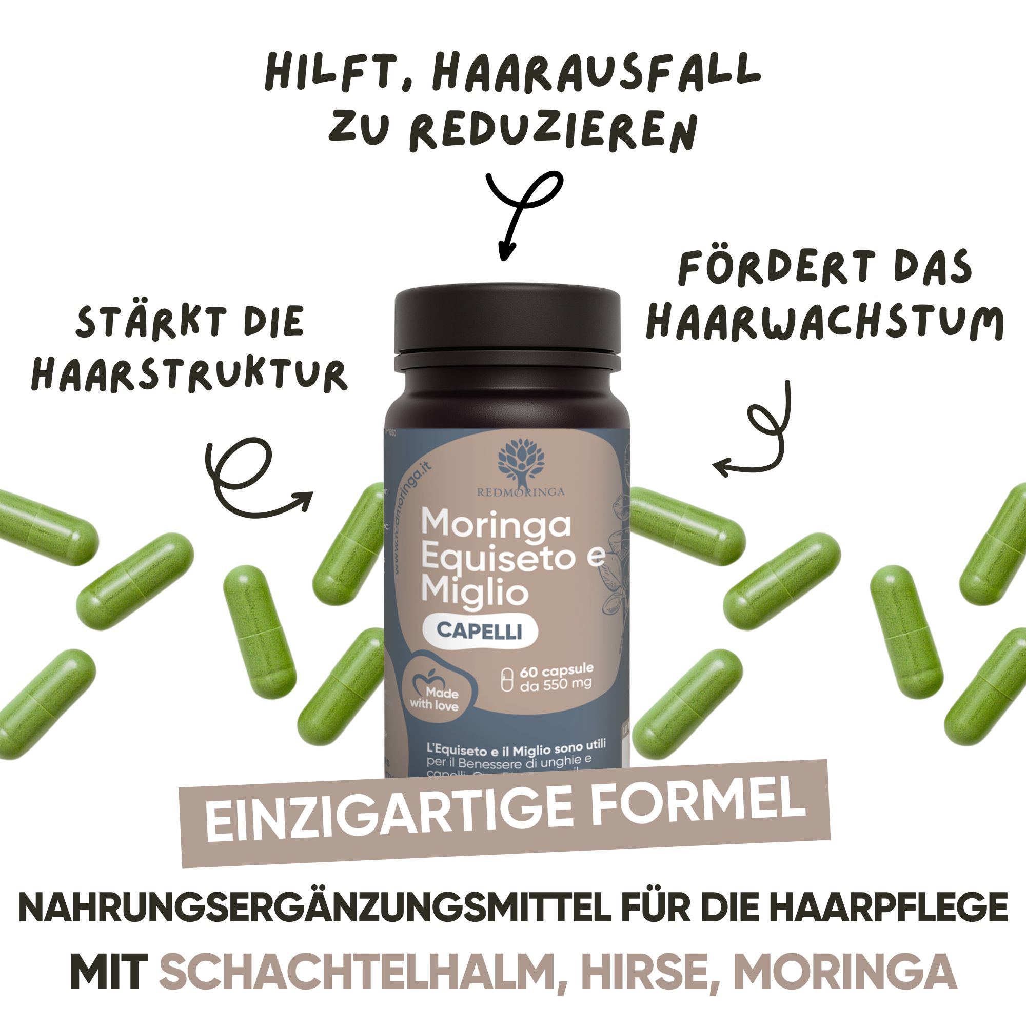 Flacone di capsule circondato da singole capsule. Testo: Rinforza la struttura dei capelli, favorisce la crescita.