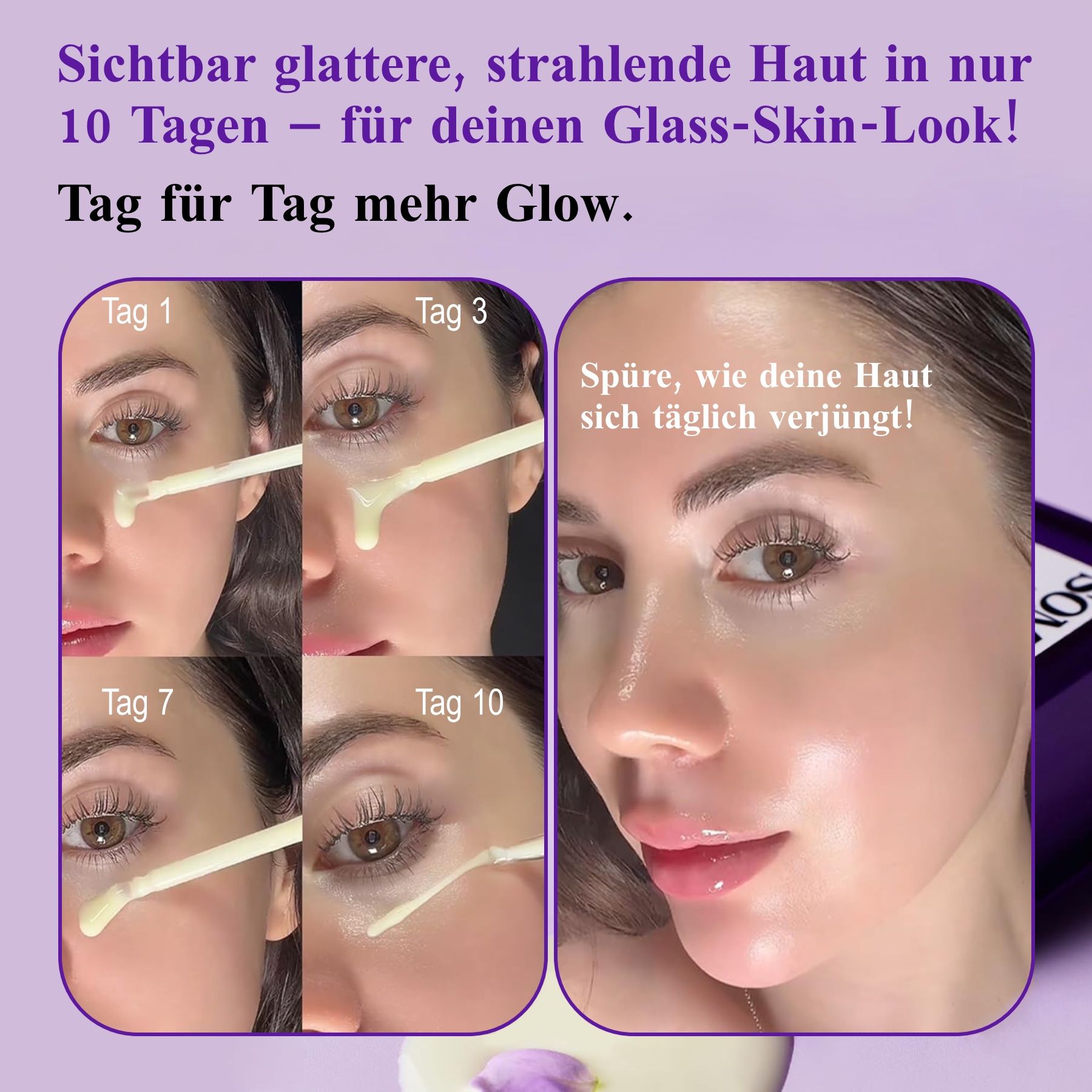 Viso con siero. Testo sui risultati dopo 10 giorni. Scritta: Retinol Intense Reactivating Serum. Marchio: Some By Mi.