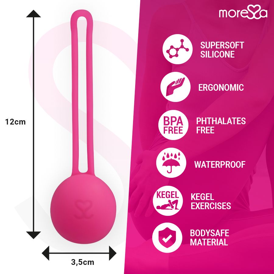 Sfera rosa con anello. Dimensioni: 12 cm di altezza, 3,5 cm di larghezza. Testo: Supersoft Silicone, Ergonomic, BPA Free, Phthalates Free, Waterproof, Kegel Exercises, Bodysafe Material.