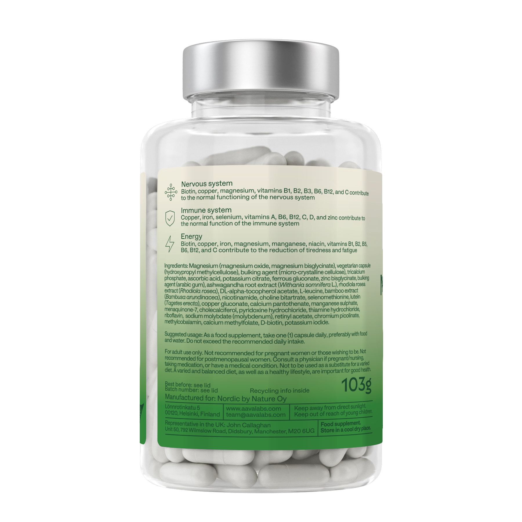 Retro del flacone con ingredienti e informazioni. Peso: 103g. Contiene magnesio, zinco, ecc.