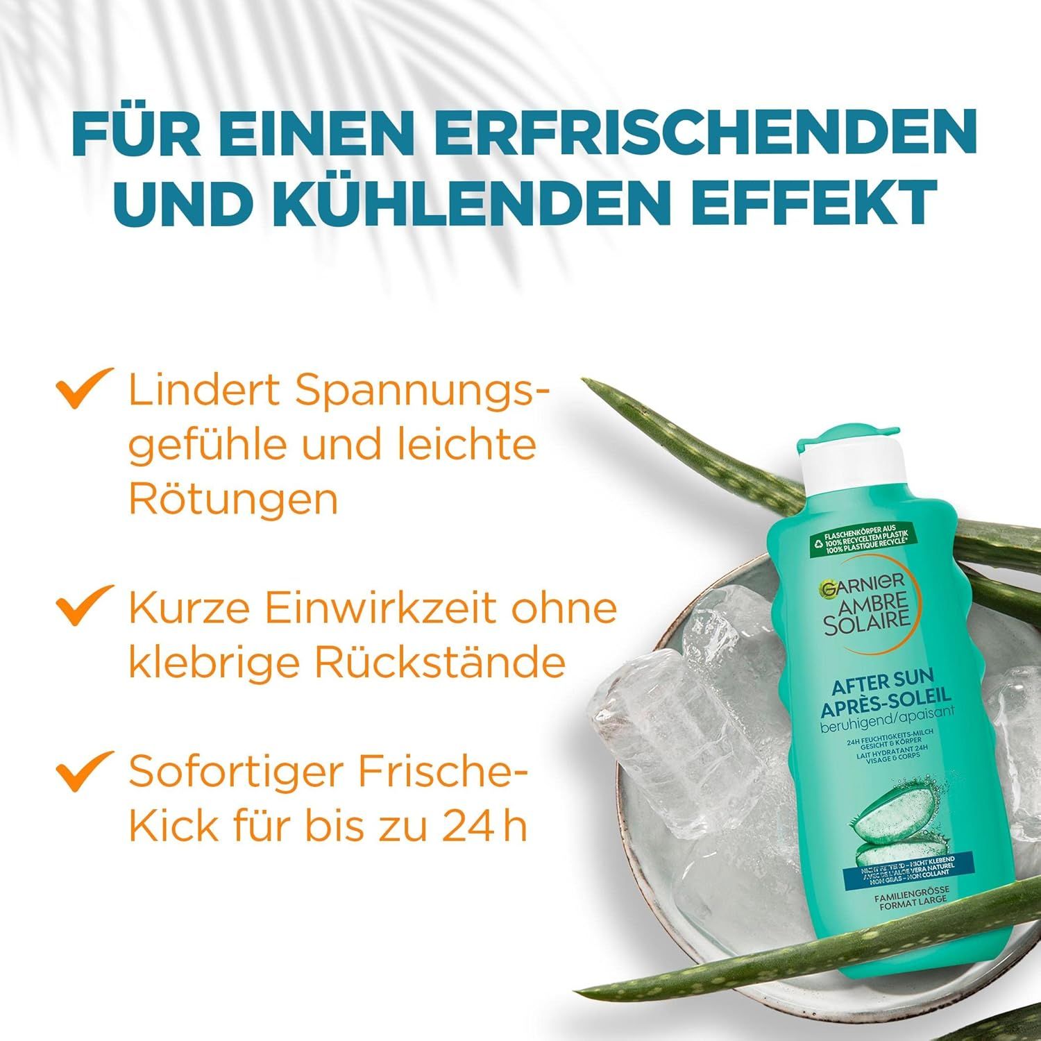 Garnier Ambre Solaire Doposole. Bottiglia con cubetti di ghiaccio e Aloe Vera. Testo: Allevia rossori, rapido assorbimento, freschezza immediata.