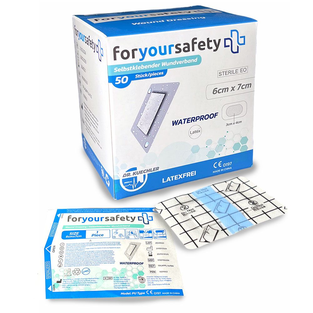 Confezione e cerotti singoli. 6x7cm. Marchio: foryoursafety. Impermeabile, sterile. Informazioni sull'imballaggio incluse.