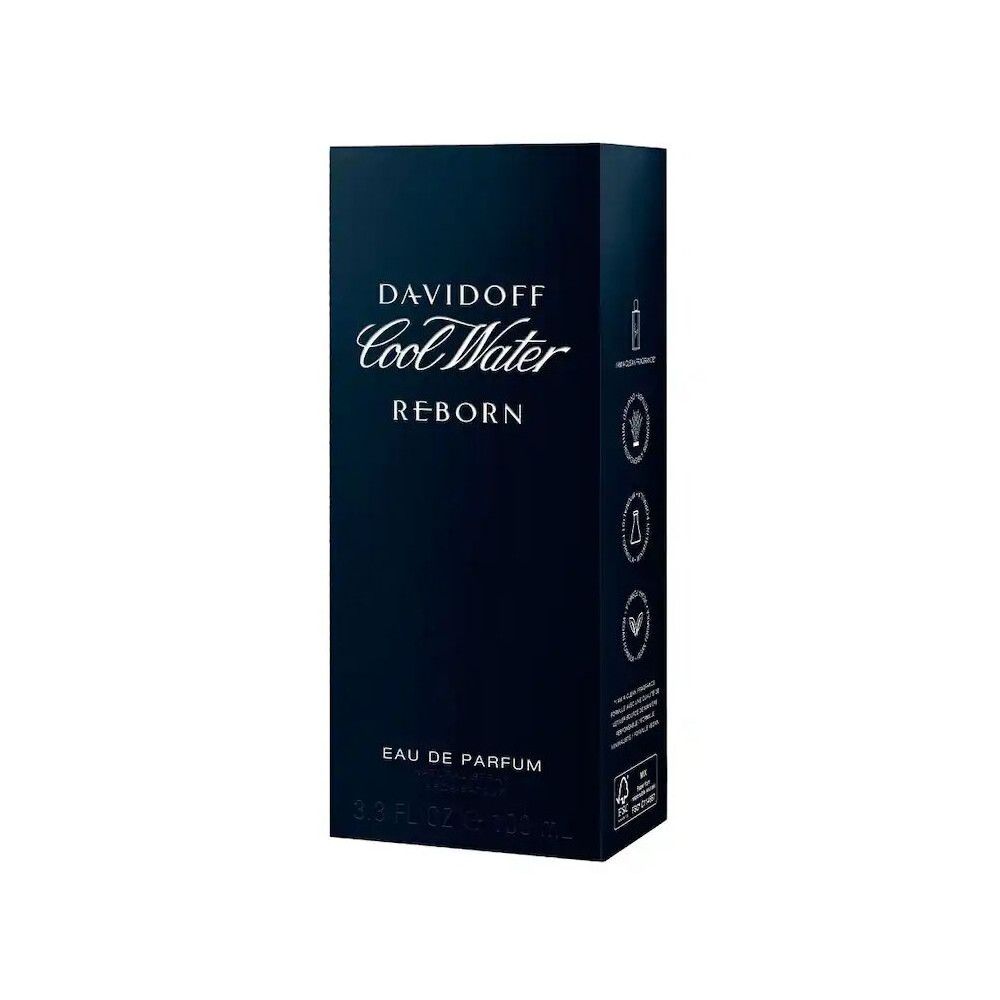Confezione Davidoff Cool Water Reborn Eau de Parfum. Scatola rettangolare nera con logo e informazioni sul prodotto. Certificato FSC.
