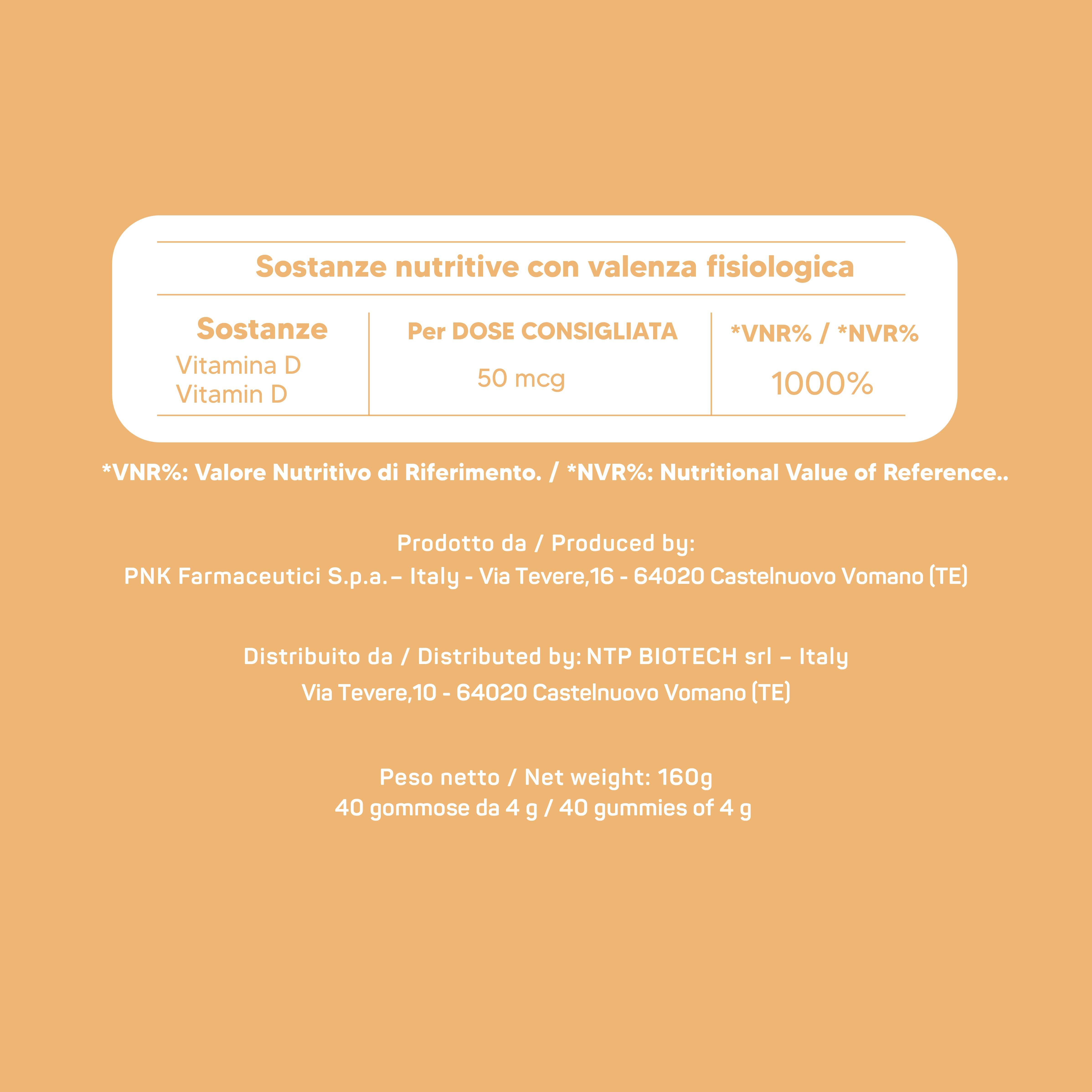NTP Biotech Gummyvit Vit D – Gommose con Vitamina D3 50mcg – Sistema Immunitario e Ossa – 40 Gummies