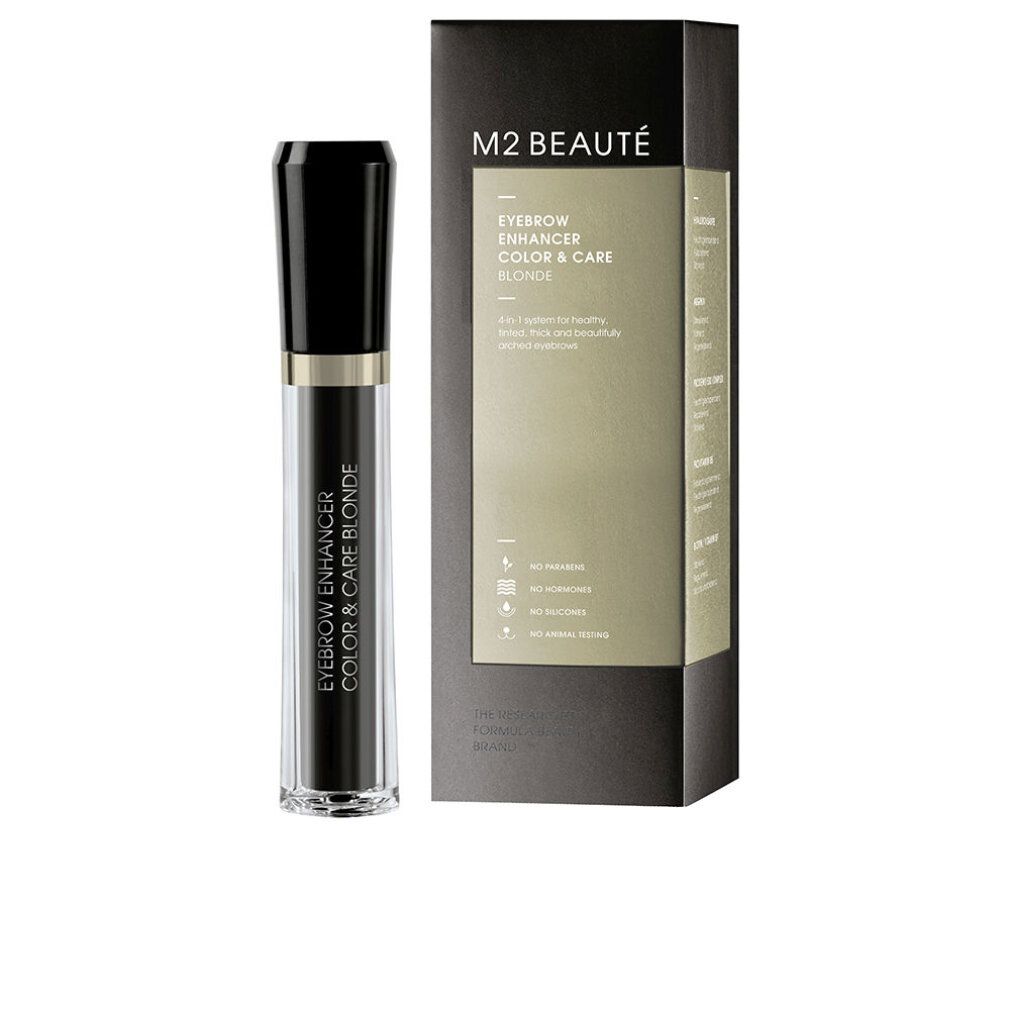 M2 Beauté Eyebrow Enhancer Color & Care, biondo. Confezione e flacone neri. Tappo nero, tubo trasparente, colore biondo.