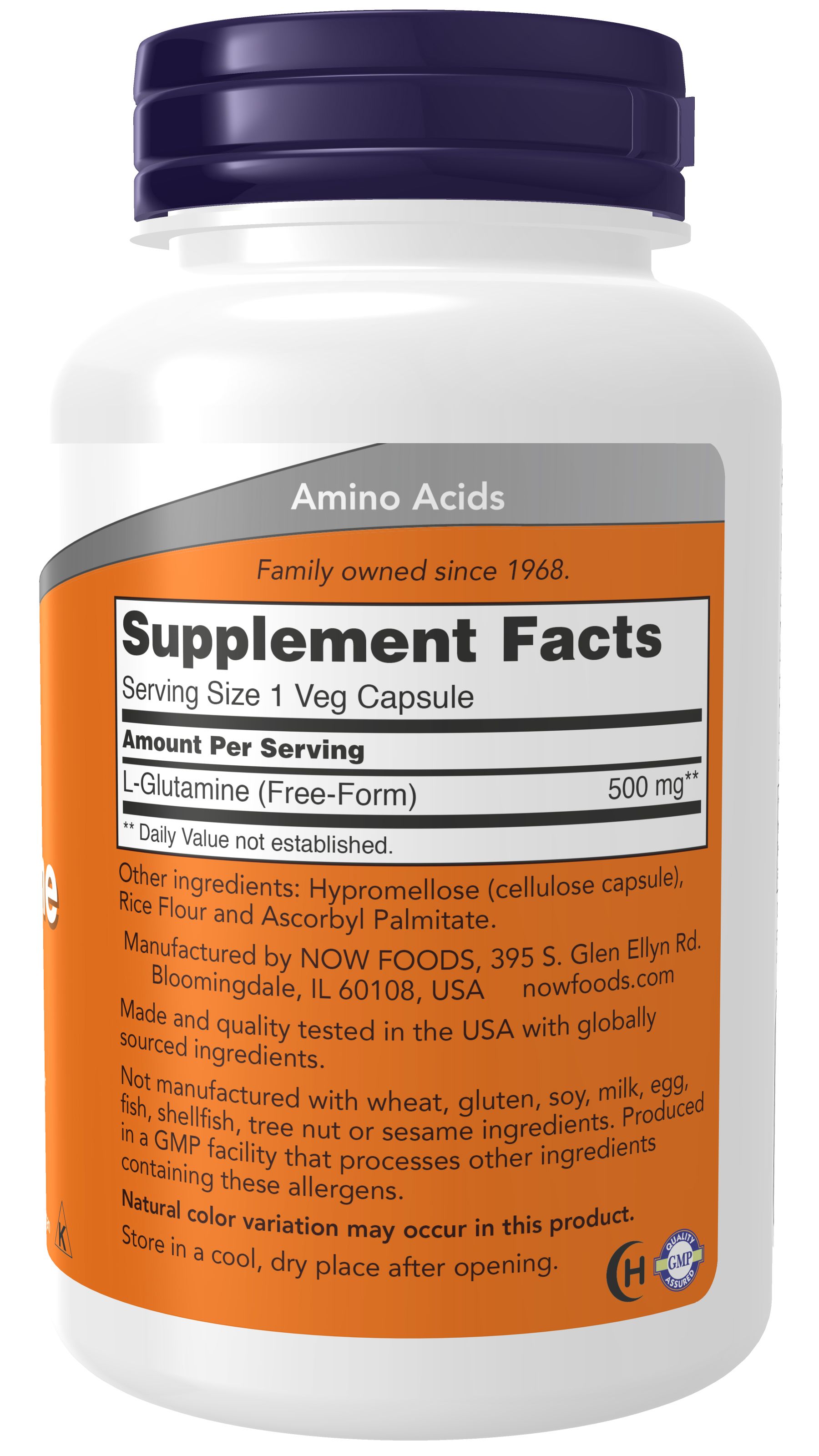 Flacone di capsule di L-Glutammina. Contiene 500 mg di L-Glutammina per porzione. Prodotto da NOW FOODS.