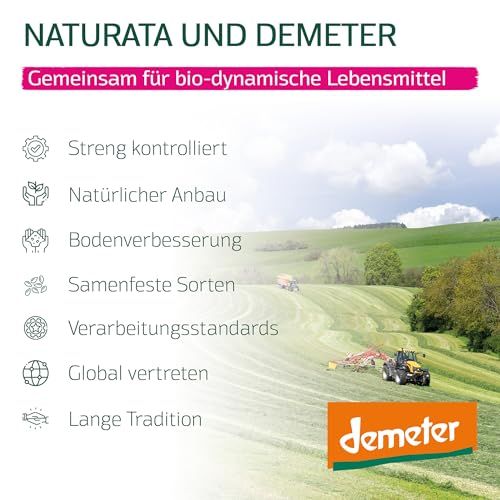 Loghi Naturata e Demeter su paesaggio verde con macchine agricole. Alimenti bio-dinamici.