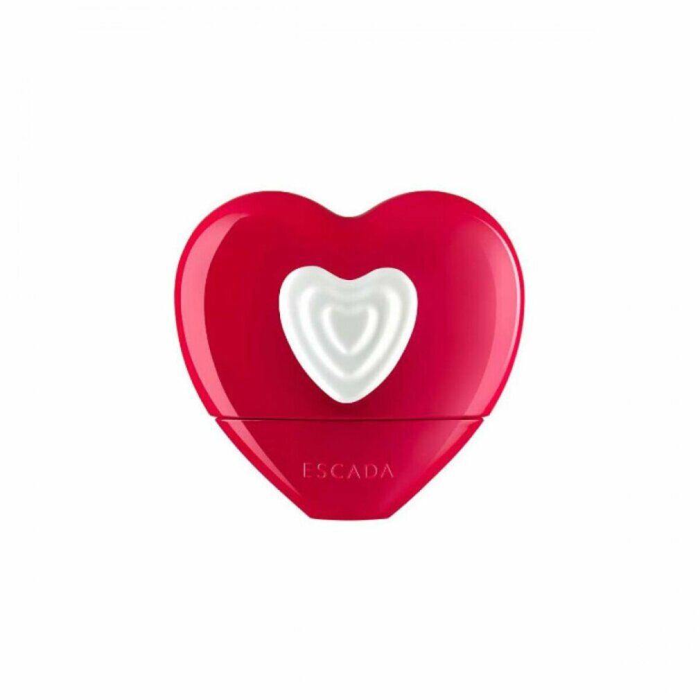 Flacone a cuore rosso con cuore bianco. Marchio Escada in basso. Nat. Spray.