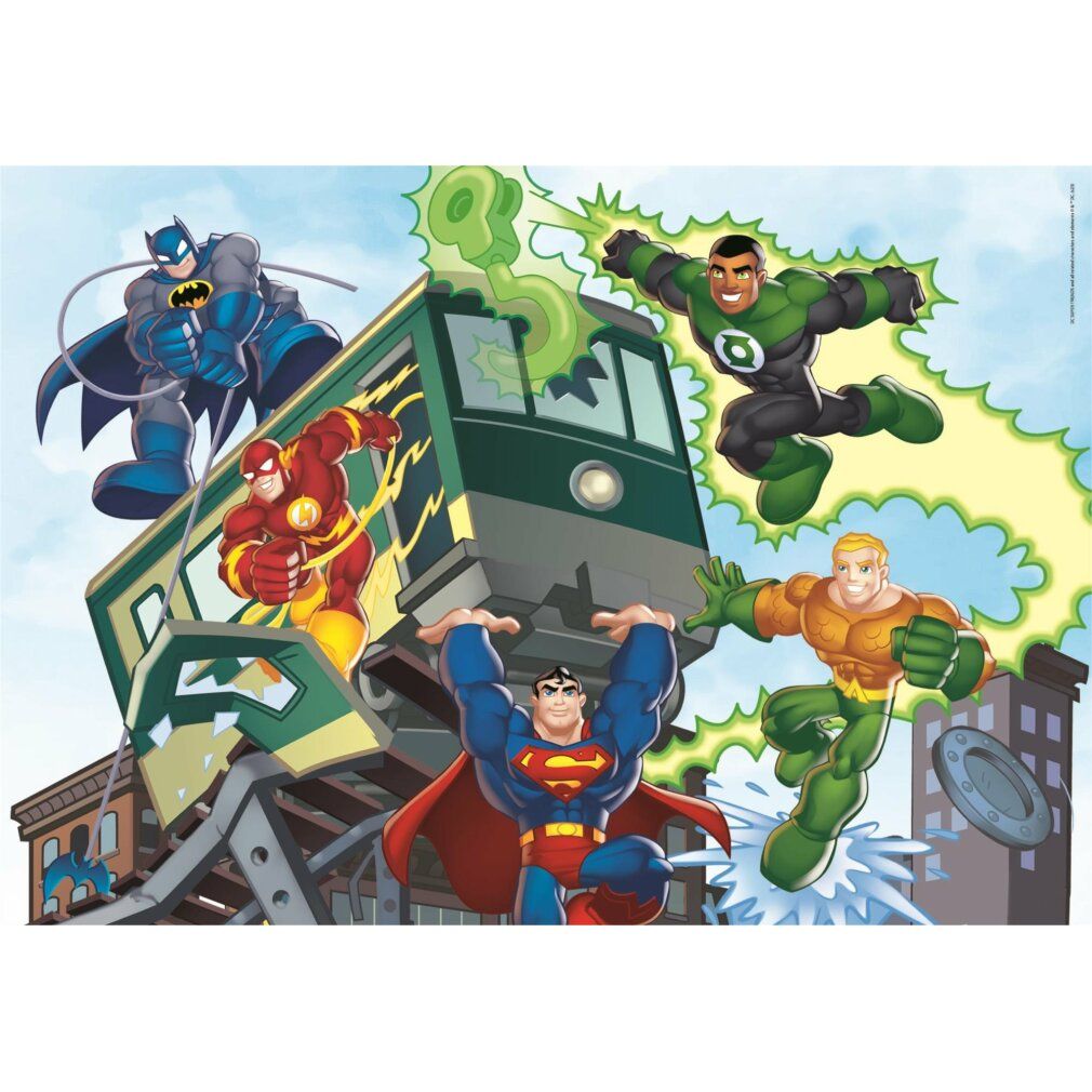 Puzzle con supereroi. Superman, Batman, Flash, Lanterna Verde e Aquaman davanti a un treno. Stile fumetto.