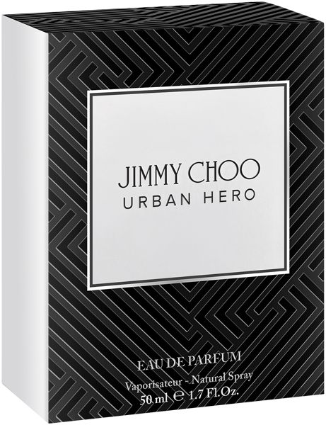 Scatola nera con testo bianco. Testo: Jimmy Choo Urban Hero, Eau de Parfum, 50 ml.