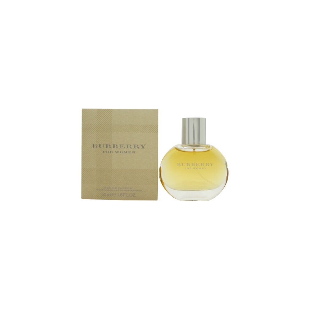 Burberry for Woman Eau de Parfum Spray. Flacone rotondo, tappo argentato, liquido dorato. Confezione rettangolare.