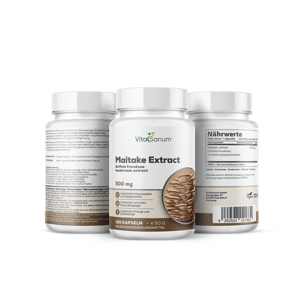 Tre flaconi di capsule VitaSanum Maitake Extract, 500 mg. Un flacone mostra informazioni nutrizionali dettagliate.
