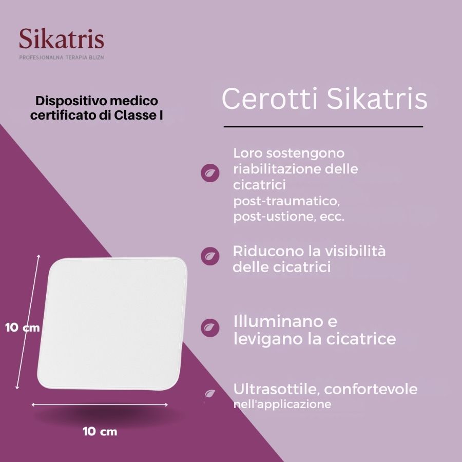Cerotto quadrato, 10x10 cm. Marchio: Sikatris. Dispositivo medico Classe I. Testo: Riduce le cicatrici.