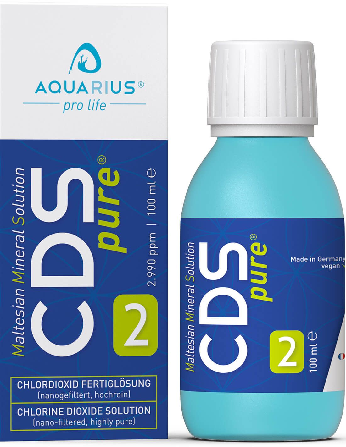 Flacone e scatola. Scatola con AQUARIUS pro life, CDS pure, 2, 100 ml. Flacone: Maltesian Mineral Solution, Prodotto in Germania.