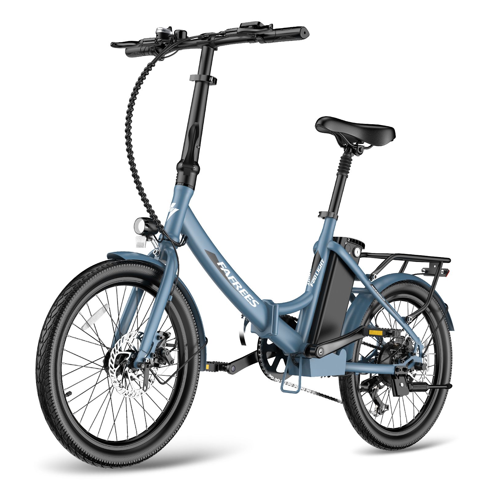 E-bike pieghevole blu con sella nera, portapacchi e faro. Marchio FAFREES visibile.