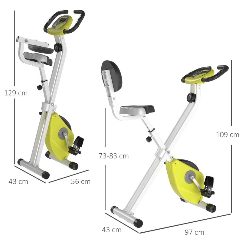 Bicicletta fitness pieghevole. Dimensioni: 129x43x56 cm e 109x43x97 cm. Bianco, giallo e nero. Sella, schienale e manubrio.