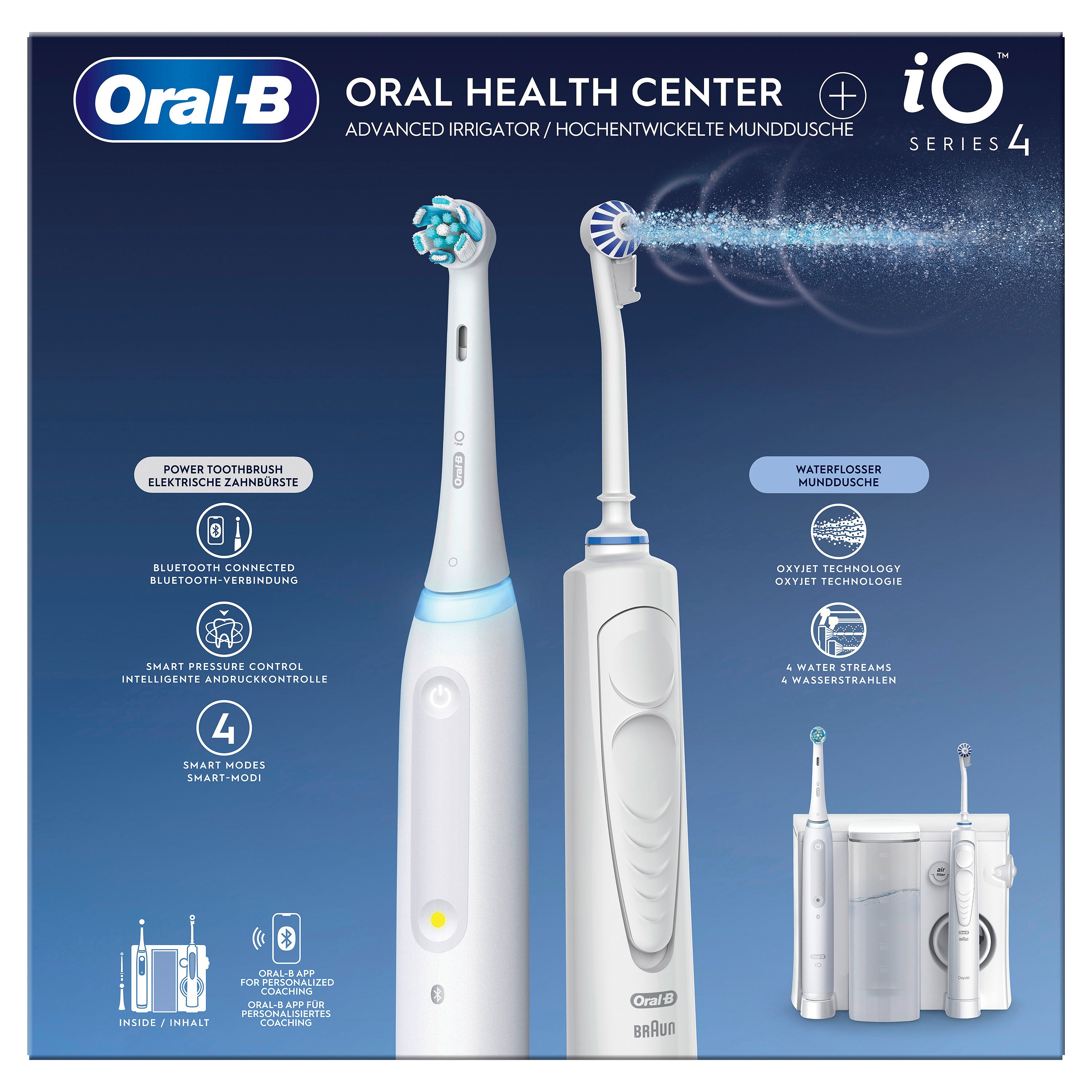 Spazzolino elettrico e idropulsore. Bianco, con dettagli blu. Oral-B iO Series 4. Confezione con immagine del prodotto e loghi.