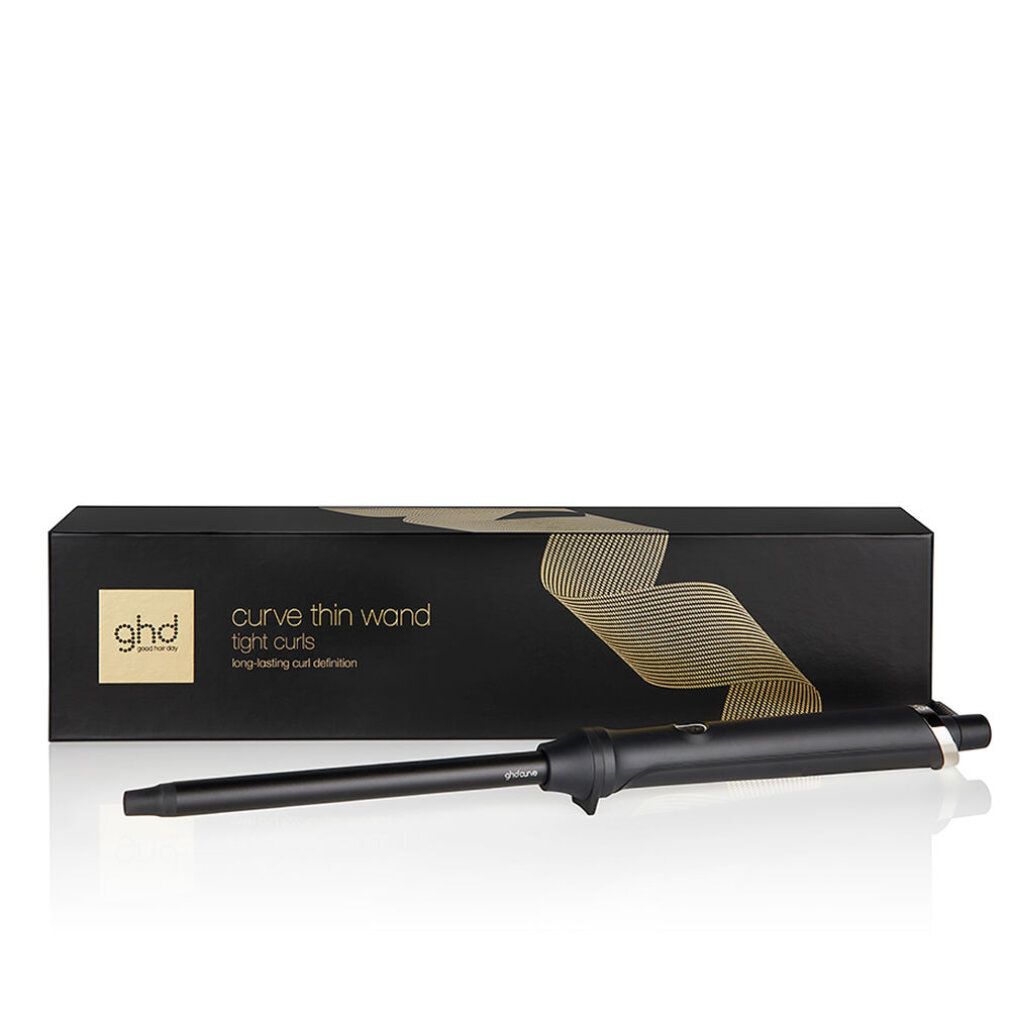 Arricciacapelli nero accanto a scatola nera. Scritta: "GHD Curve thin wand tight curls".