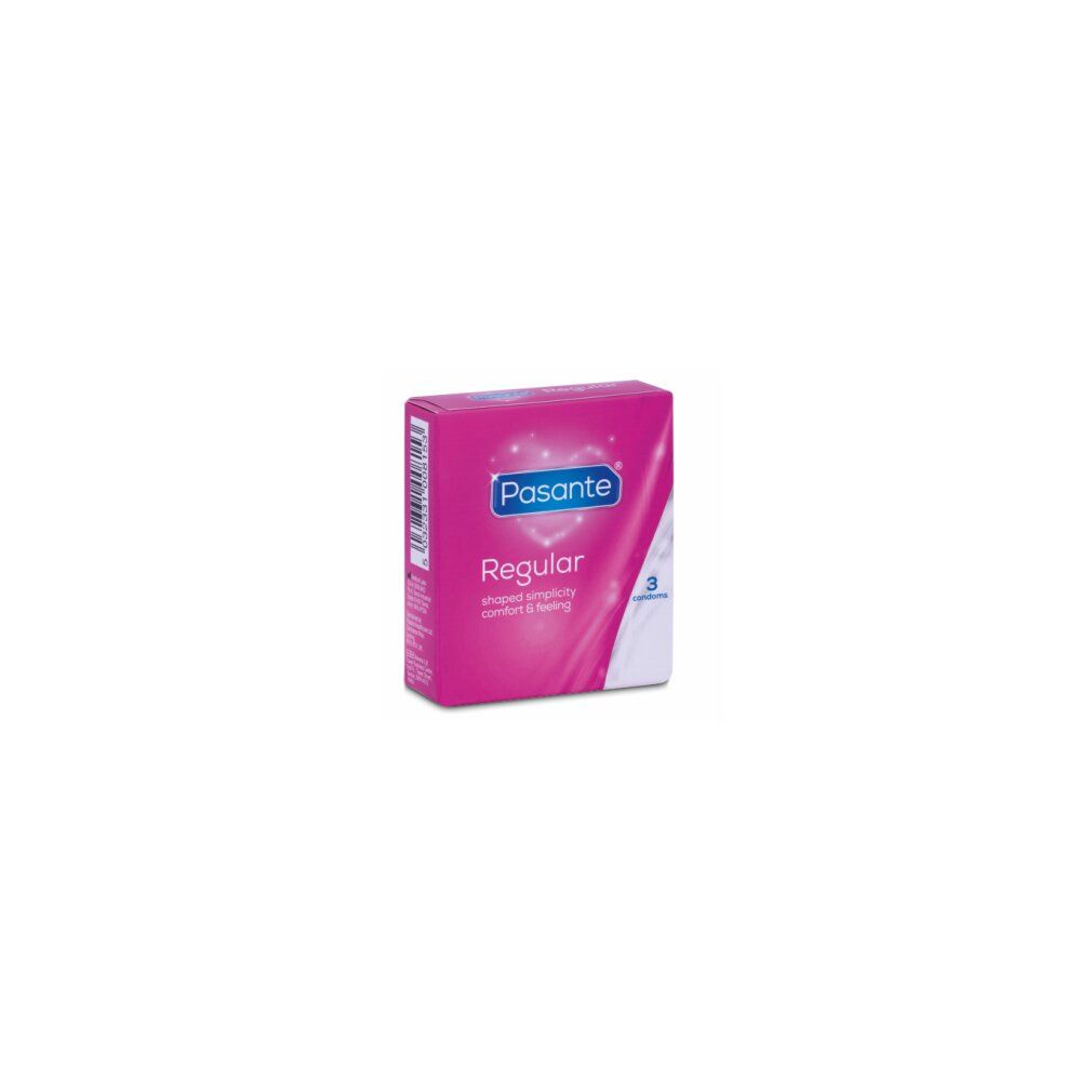 Scatola rosa di preservativi Pasante Regular. Contiene 3 preservativi.