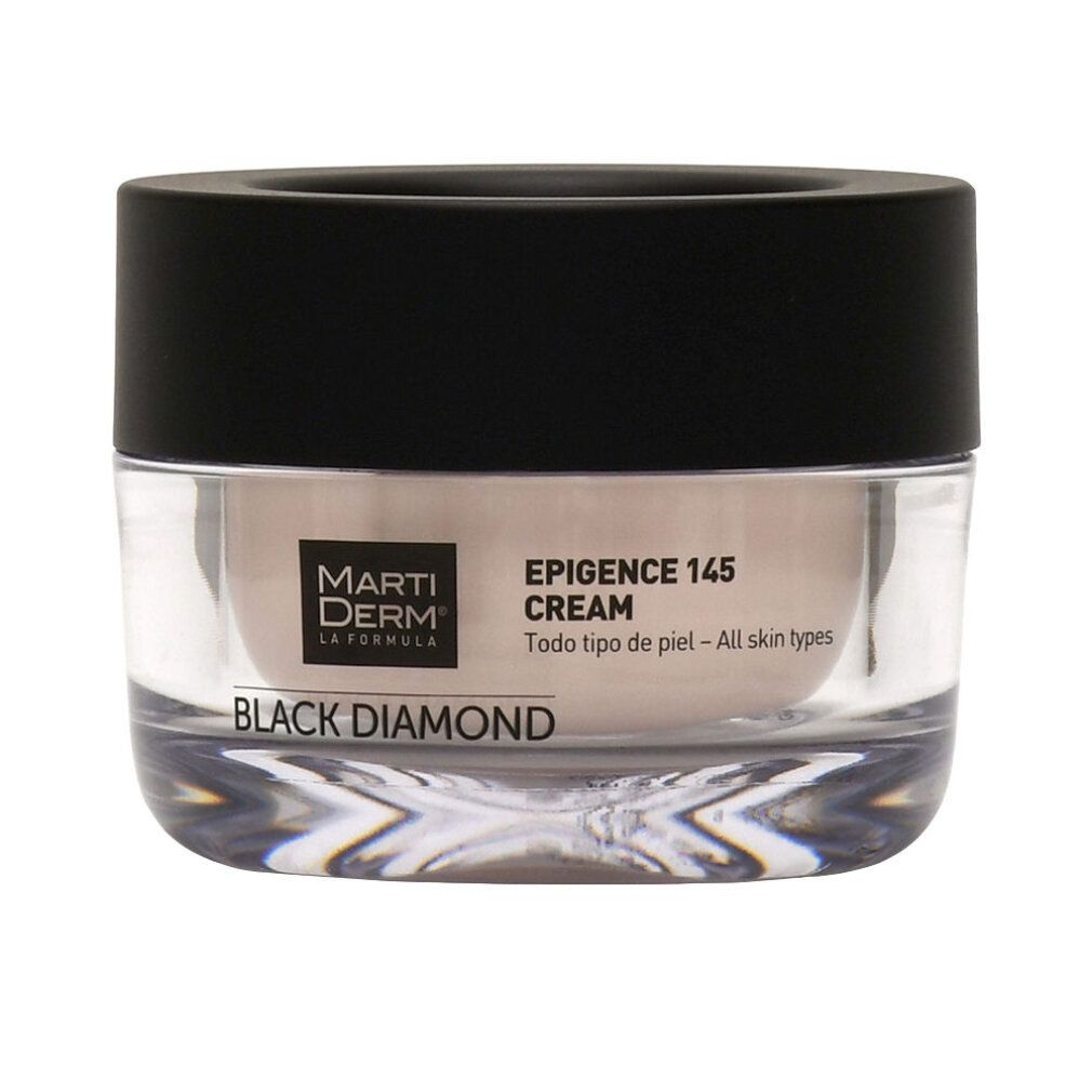 Vaso di crema con coperchio nero. Scritta: Marti Derm, Black Diamond, Epigence 145 Cream. Per tutti i tipi di pelle.