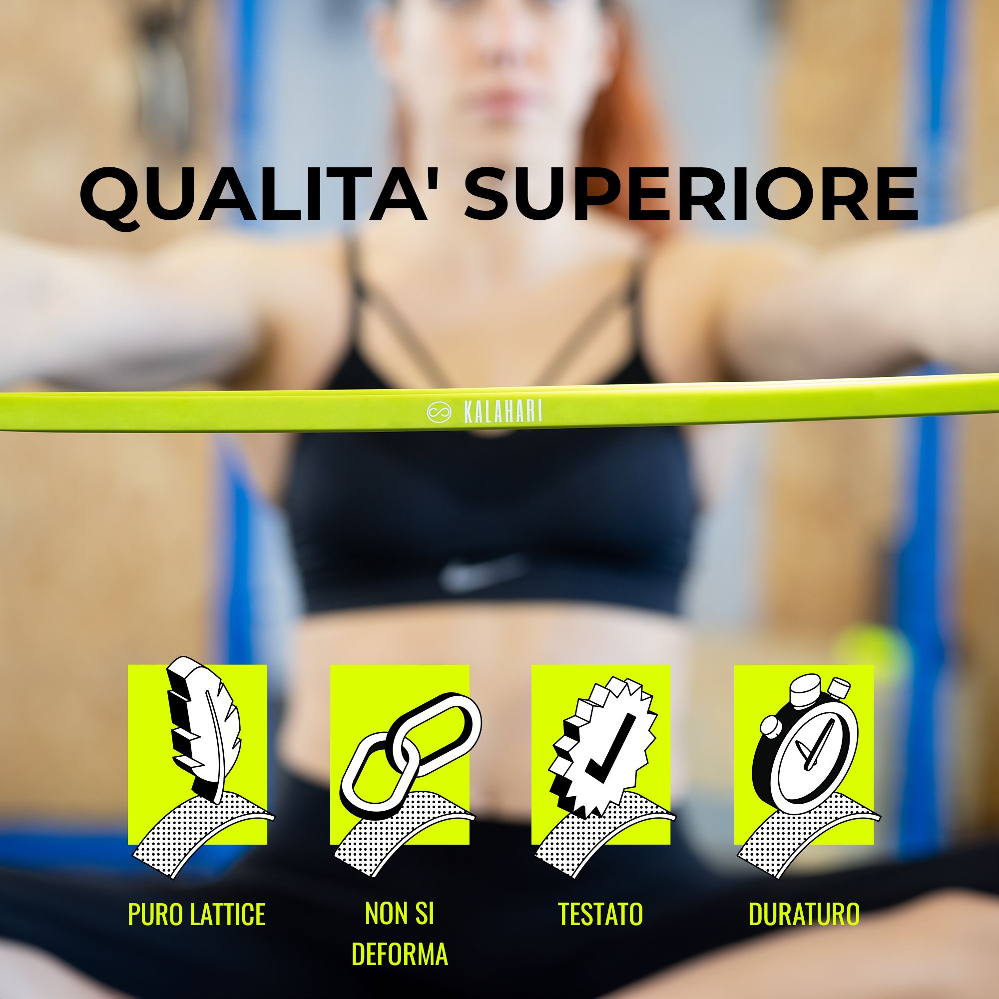 Donna tiene una fascia elastica verde. Icone per purezza, stabilità, test e durata.