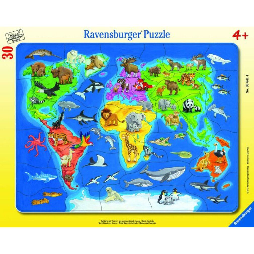 Puzzle per bambini con mappa del mondo e animali (30 pezzi, puzzle con cornice)