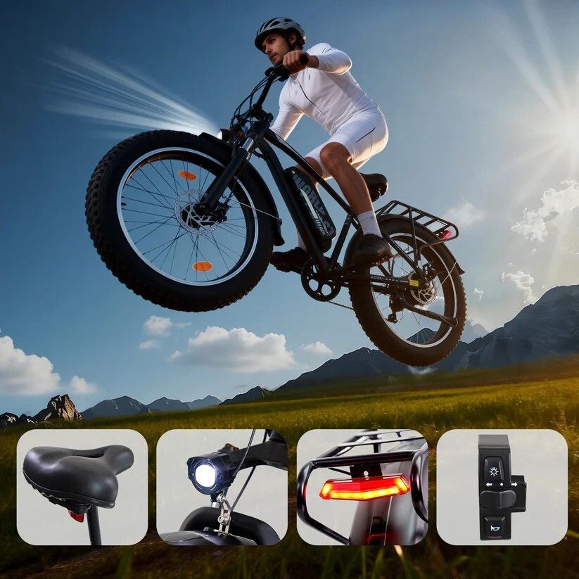 Persona in bicicletta elettrica. Immagini aggiuntive mostrano sella, faro, fanale posteriore e comandi.