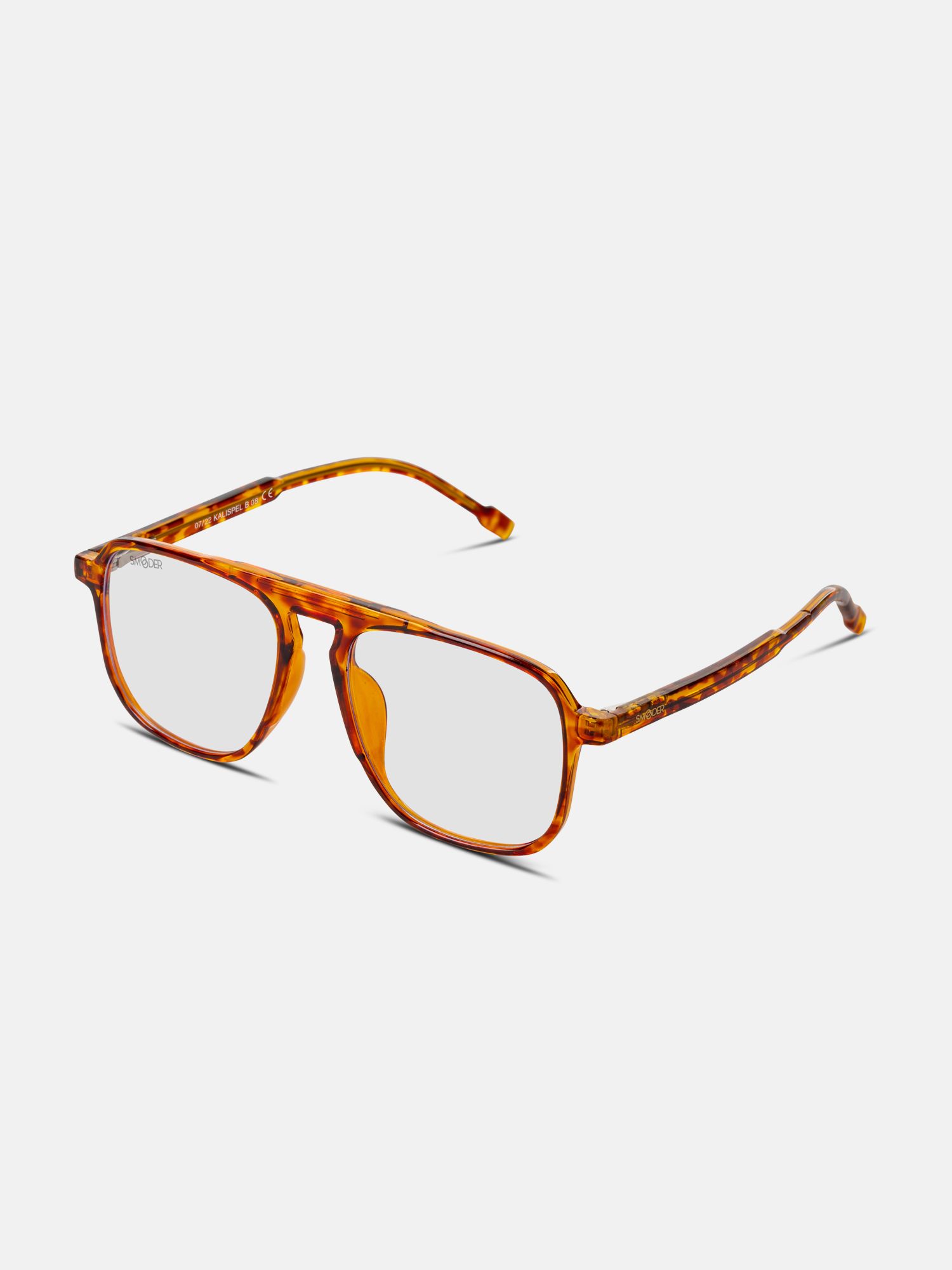 Occhiali marroni a fantasia tartarugata. Lenti rettangolari, montatura ampia. Vista laterale.