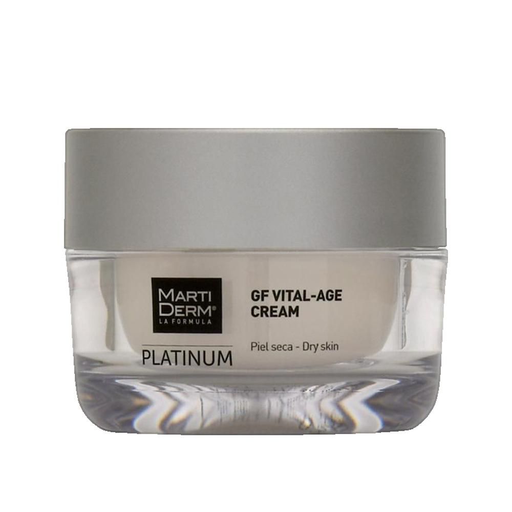 Vaso di crema con coperchio argentato. Scritta: Marti Derm Platinum GF Vital-Age Cream. Per pelle secca.