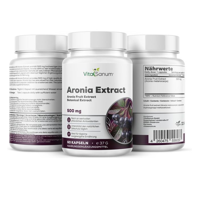 VitaSanum Aronia Estratto Capsule, 500 mg. Tre contenitori, uno frontale con etichetta e bacche di aronia.