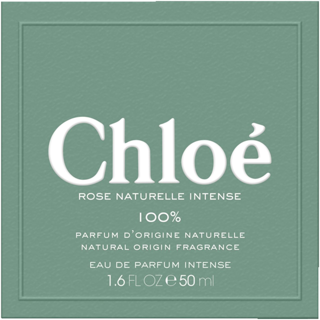 Scatola verde con logo "Chloé" bianco e informazioni sul prodotto: "Rose Naturelle Intense".