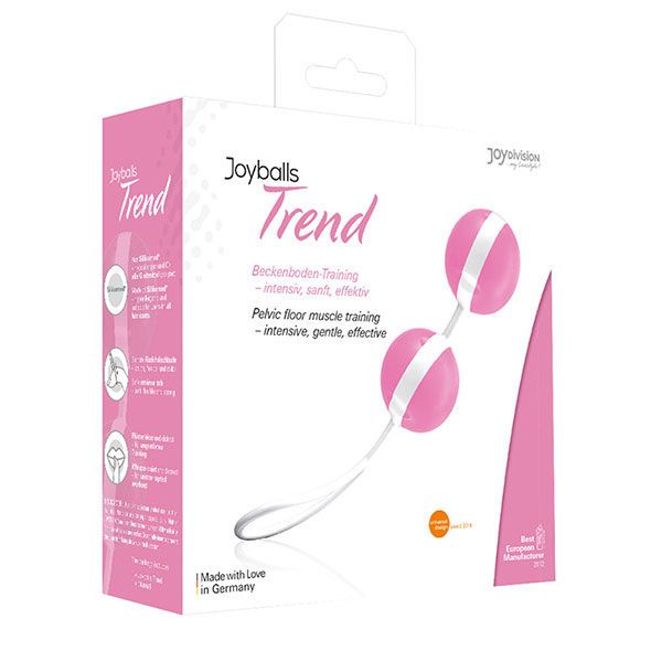 Confezione Joyballs Trend. Scatola rosa con immagine del prodotto. Testo: Allenamento del pavimento pelvico, Made in Germany.