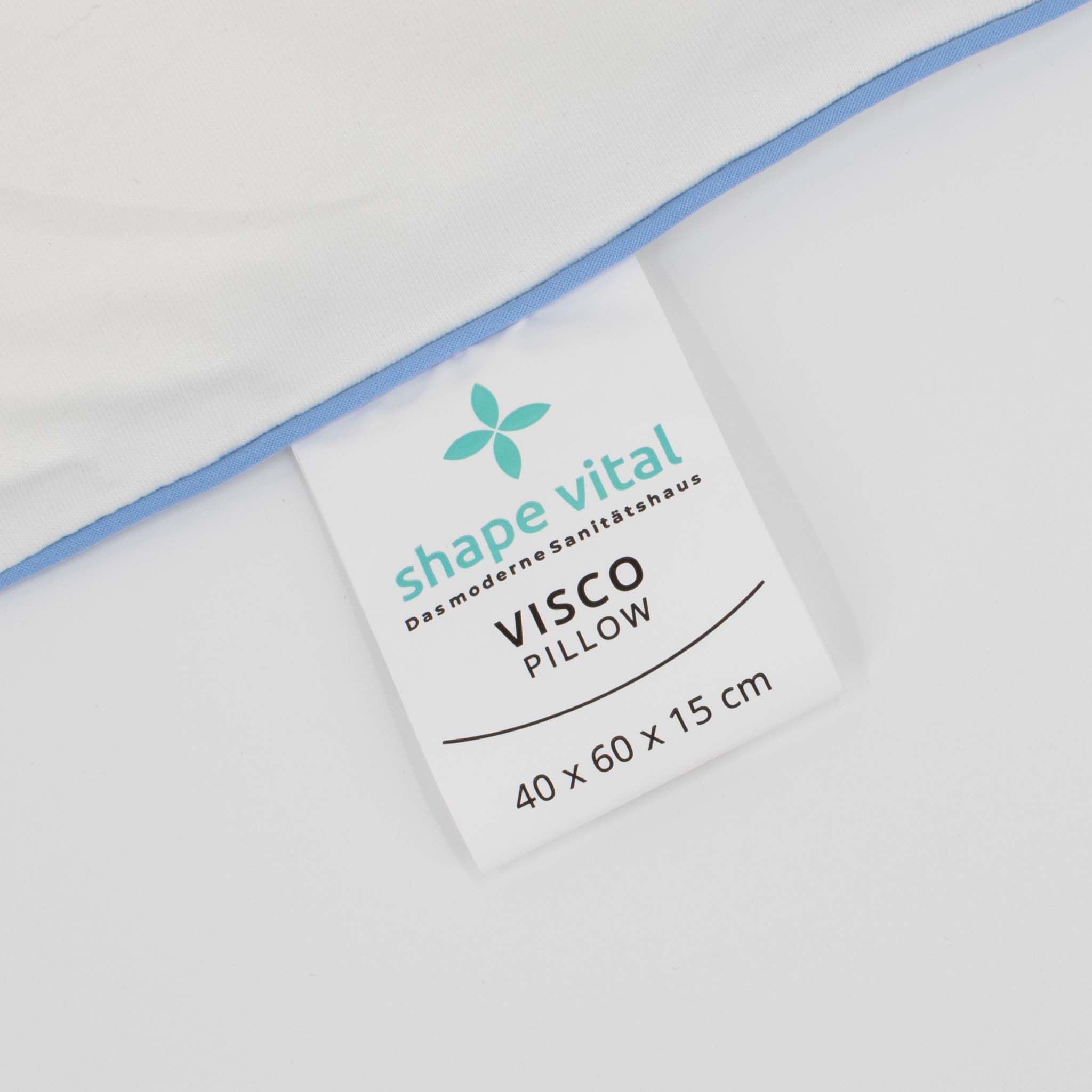 Etichetta con logo e testo: shape vital, Visco Pillow, 40x60x15 cm.