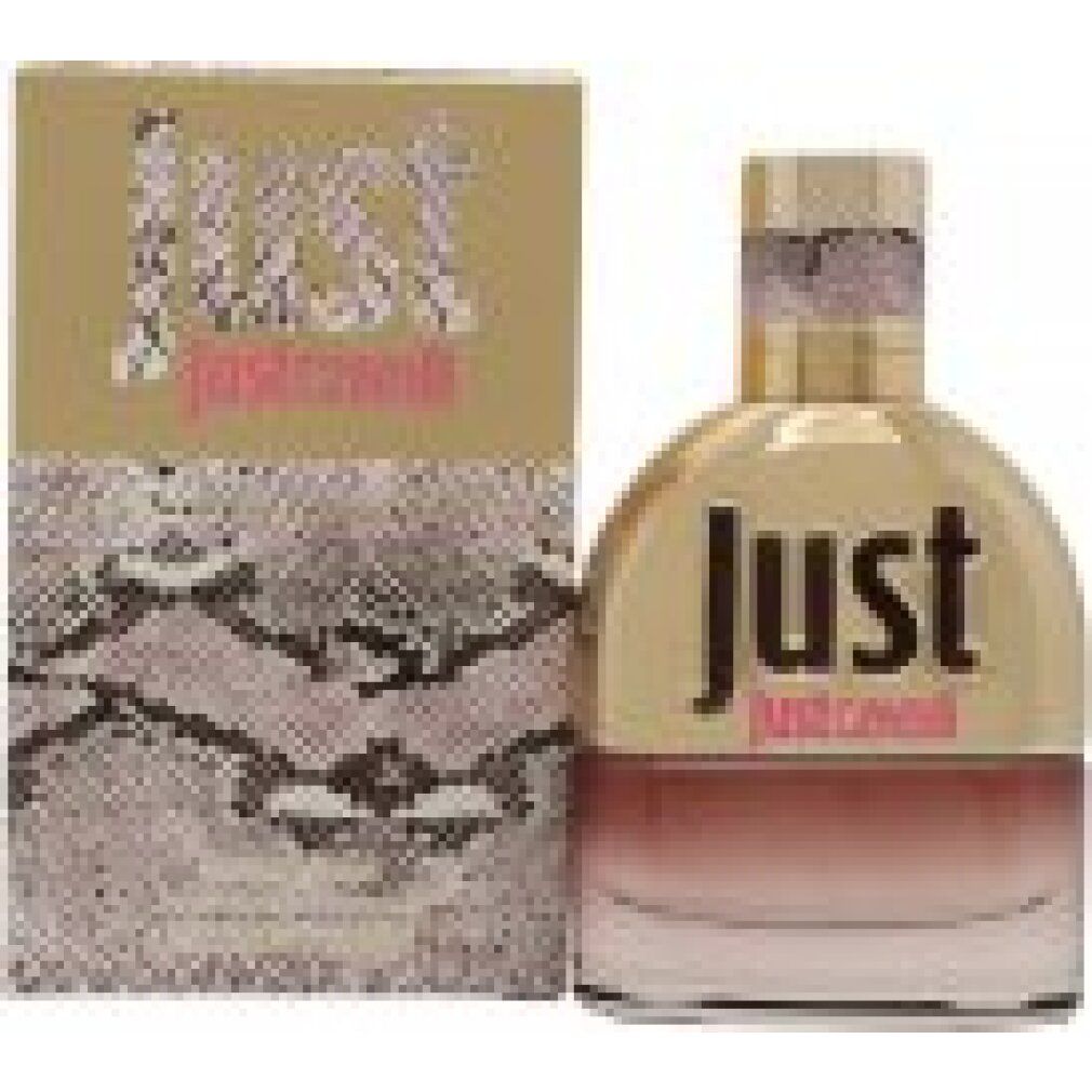 Flacone di profumo e confezione. Flacone con tappo dorato e scritta rosa "JUST justcavalli". Confezione con motivo a serpente.