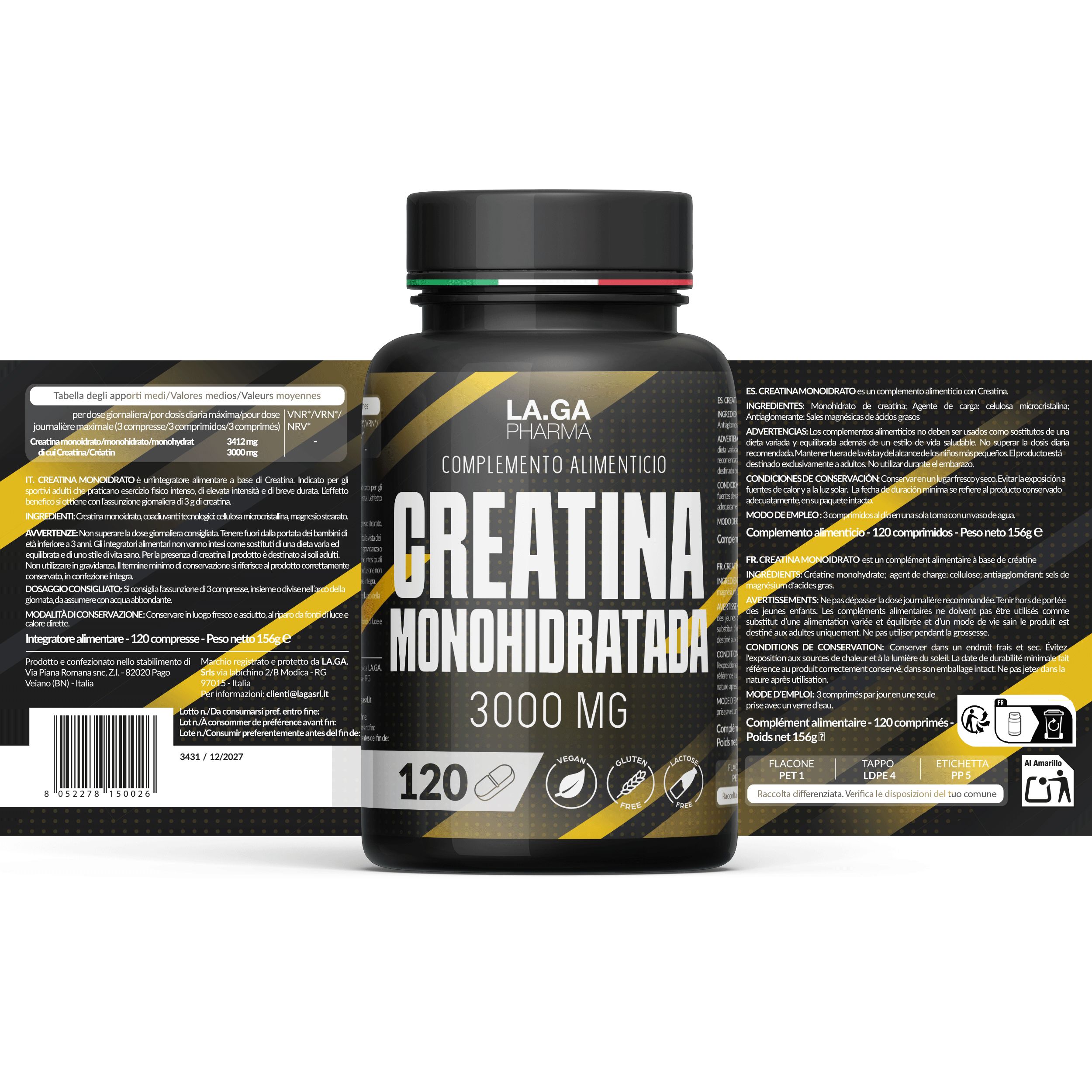 Barattolo integratore. LA.GA Pharma Creatina Monoidrata, 120 compresse, 3000 mg.