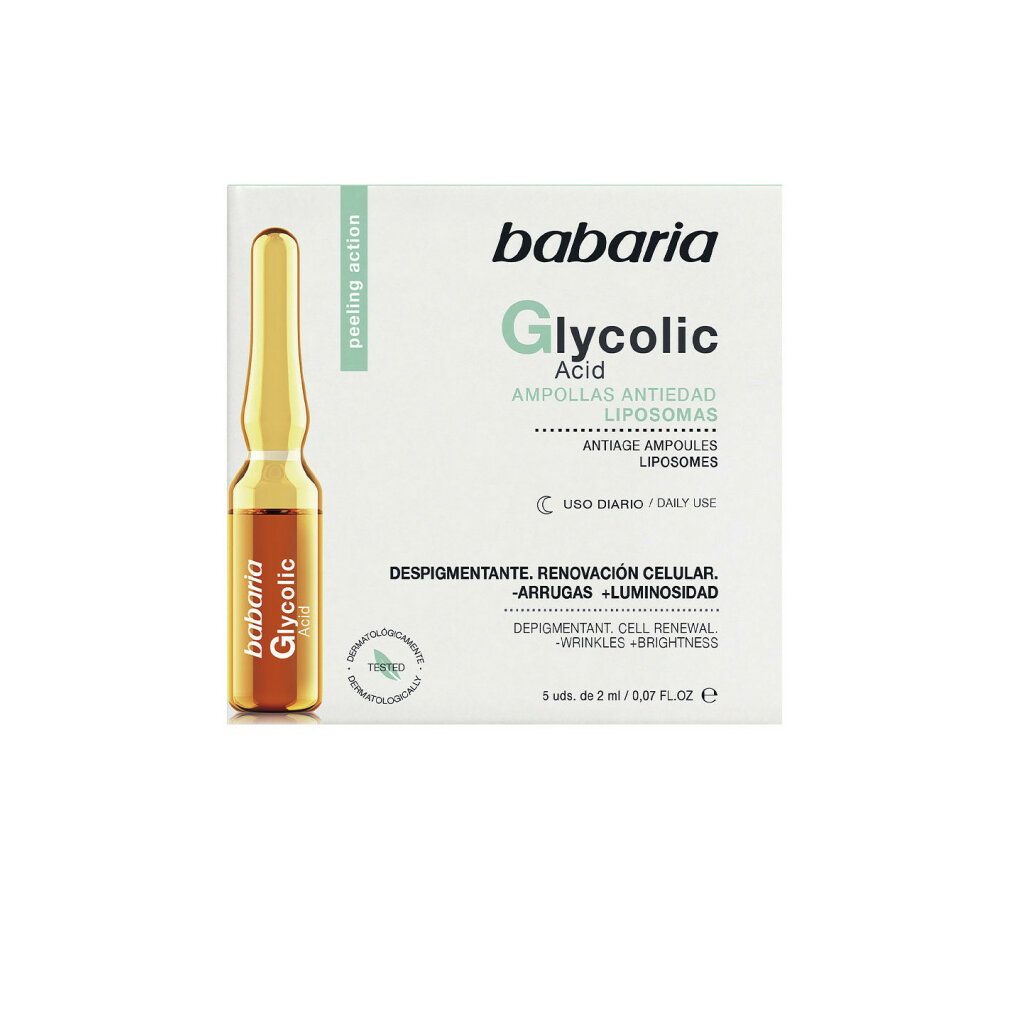 Confezione di fiale Babaria Glycolic Acid. Contiene una fiala e informazioni sul prodotto. Dermatologicamente testato.