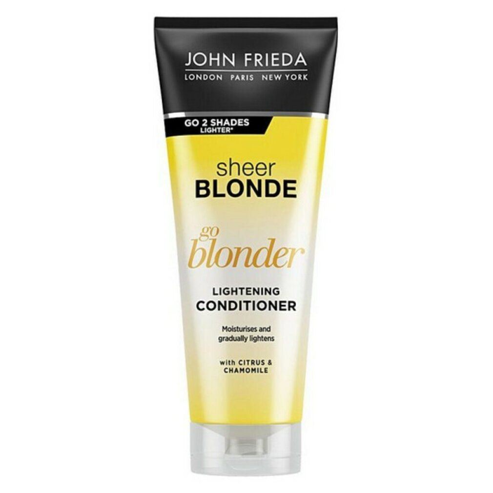 Tubo giallo con tappo nero. Scritta: John Frieda Sheer Blonde Go Blonder Lightening Conditioner. Contiene agrumi e camomilla.