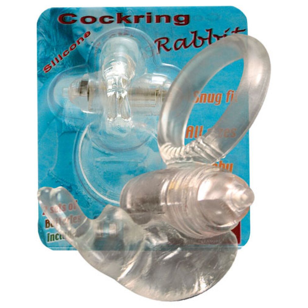 Anello fallico trasparente vibrante con design a orecchie di coniglio. Confezione con testo: Silicone, Snug Fit, Rabbit.