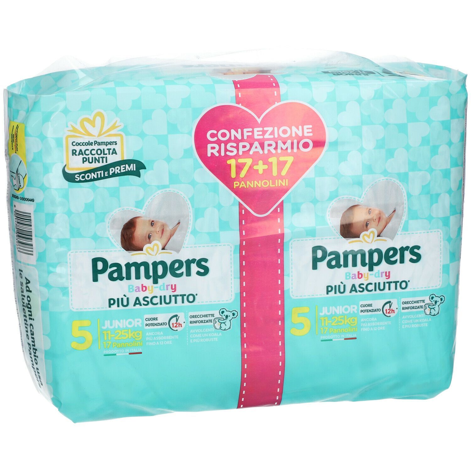 Confezione Pampers Baby Dryduo JuniorX 34 pannolini. Scritte: 5, Junior, più asciutto. Confezione con informazioni e logo.