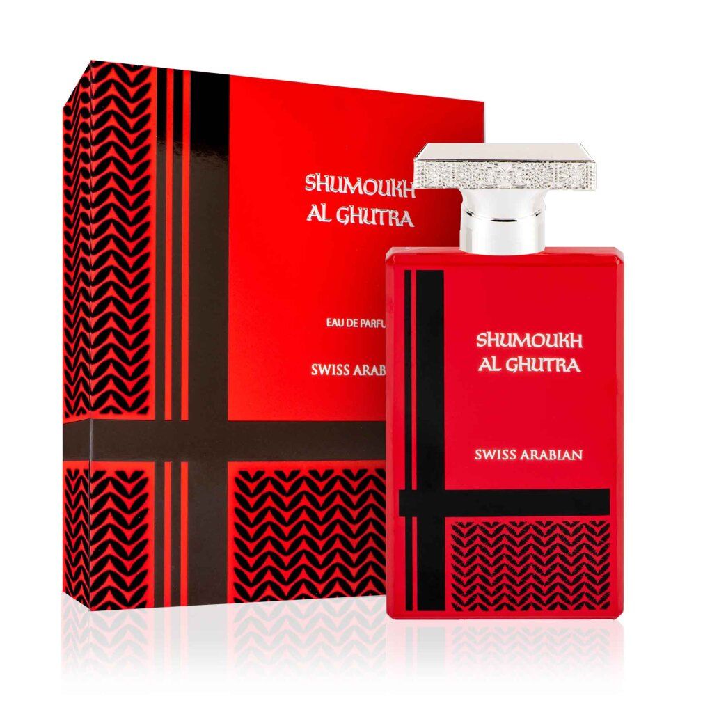 Flacone e scatola di profumo rossi. Scritta: Shumoukh Al Ghutra, Swiss Arabian. Chiusura argentata.