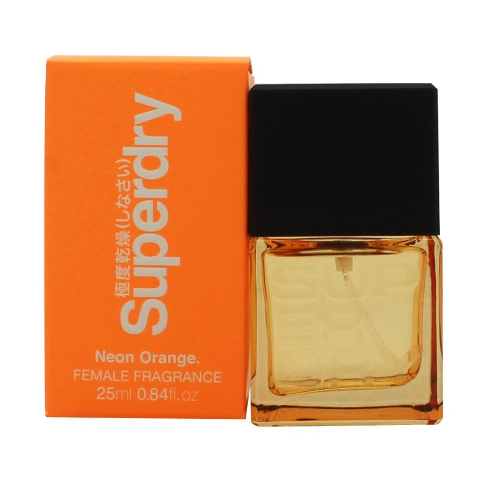 Flacone Superdry Neon Orange e confezione. Confezione arancione con scritta bianca. Tappo nero. Fragranza femminile.