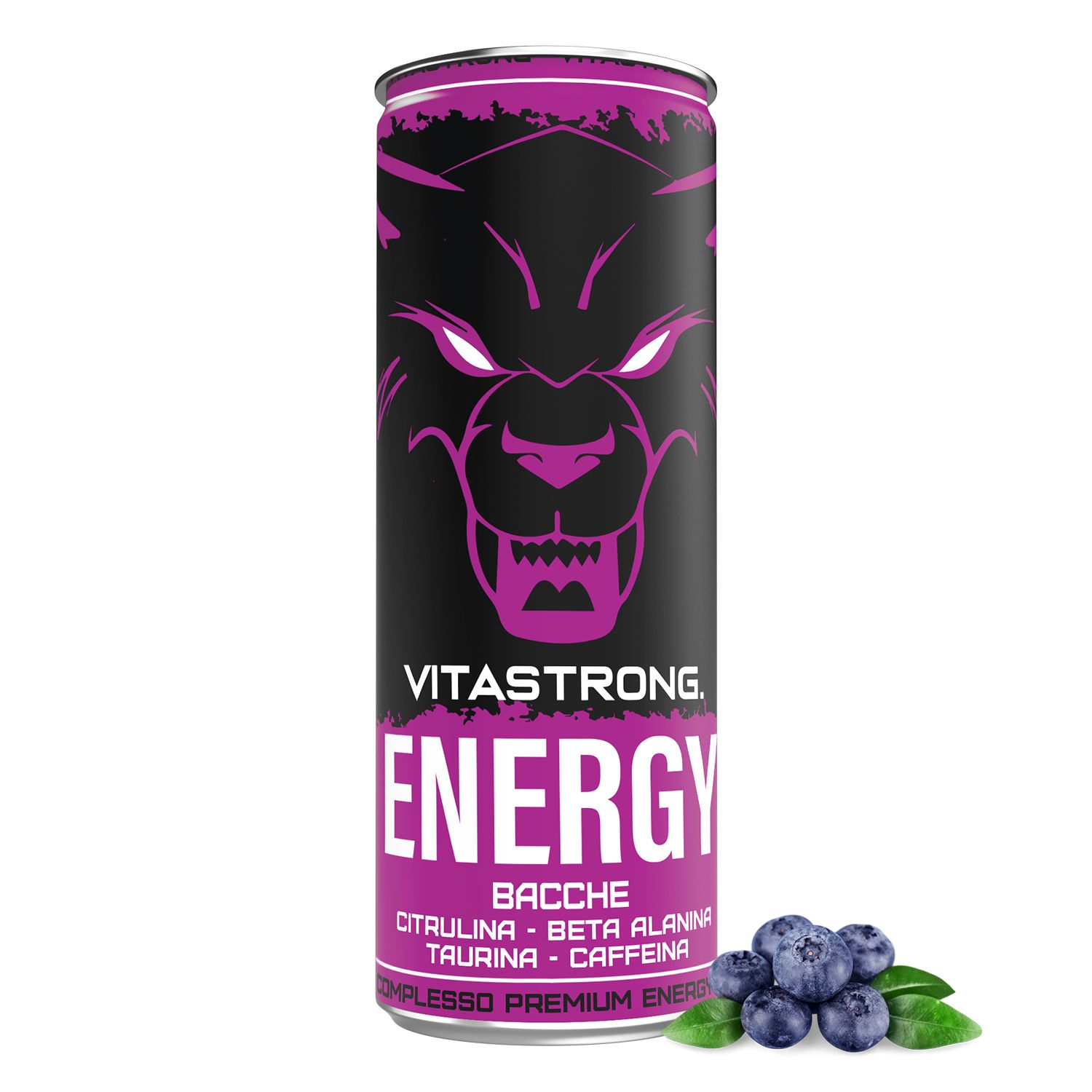 Lattina Vitastrong Energy Berries. Sfondo nero, accenti viola, nome del prodotto e ingredienti visibili.