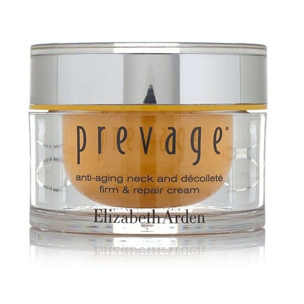 Vaso di crema. Scritta: prevage, crema anti-età collo e décolleté. Elizabeth Arden.