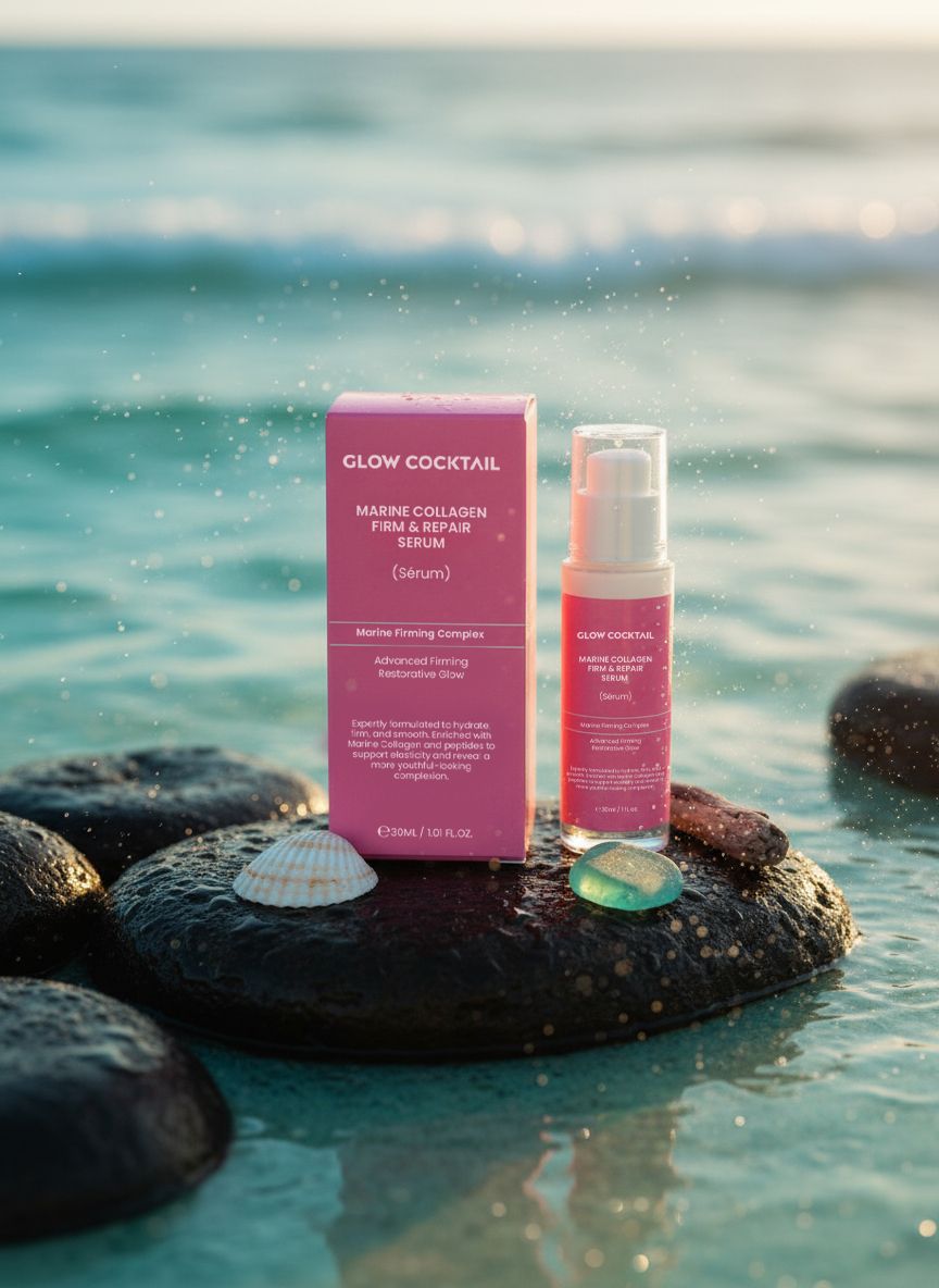 Siero Glow Cocktail Marine Collagen e scatola sulla spiaggia.