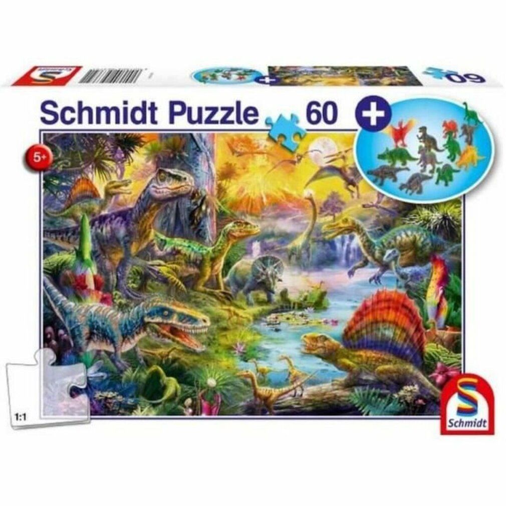 Scatola di puzzle con motivo dinosauro. Contiene 60 pezzi e figurine di dinosauri. Marchio: Schmidt Puzzle. Età consigliata: 5+.