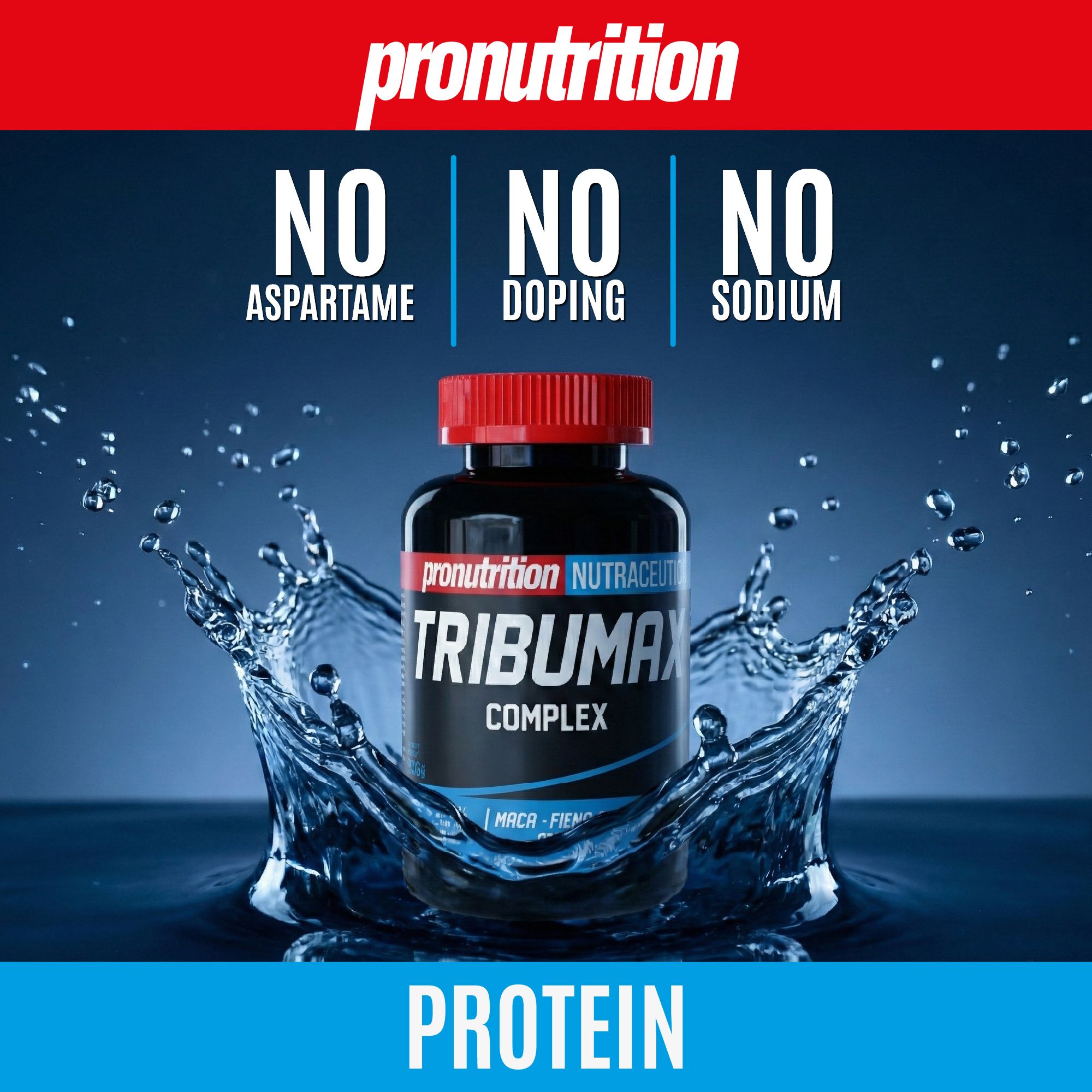 Flacone nero, tappo rosso, TRIBUMAX COMPLEX. L'acqua schizza intorno al flacone.