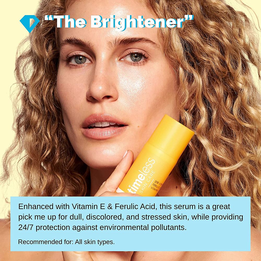 Donna tiene flacone giallo. Scritta: timeless skin care. Testo: Con vitamina E e acido ferulico. Consigliato per tutti i tipi di pelle.