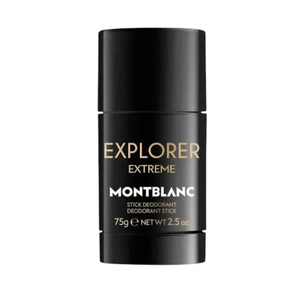 Stick deodorante nero con scritte dorate. Scritte: EXPLORER EXTREME, MONTBLANC, STICK DEODORANT, 75g.