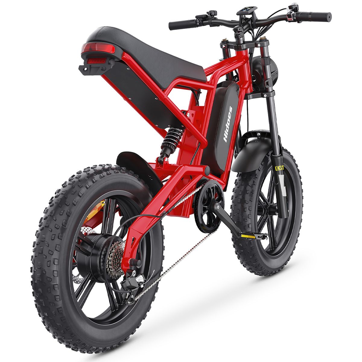 Bicicletta elettrica rossa, pneumatici neri. Vista posteriore. Logo Hidoes sulla batteria.