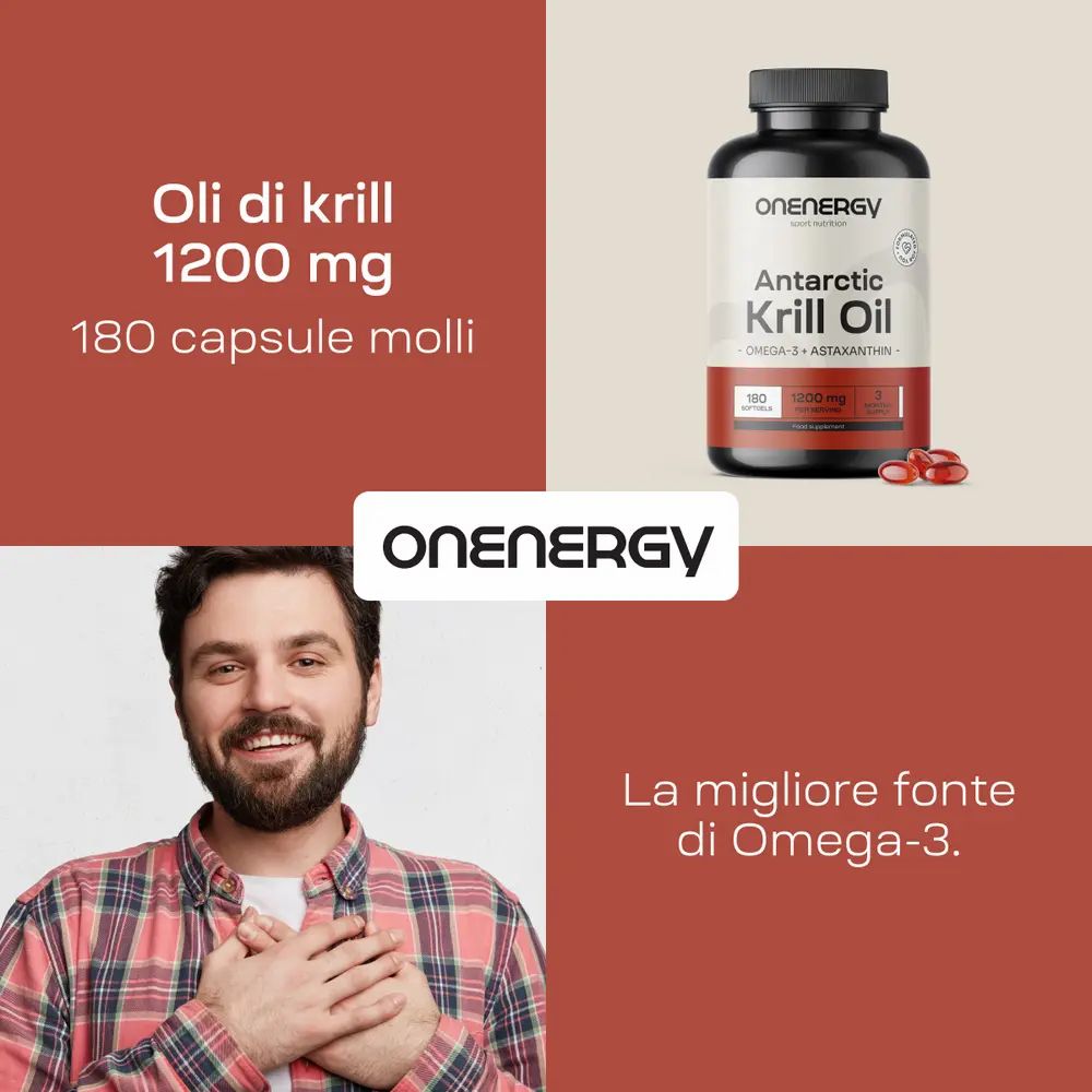 Immagine del prodotto e uomo. Testo: Olio di krill 1200 mg, 180 capsule molli. La migliore fonte di Omega-3.